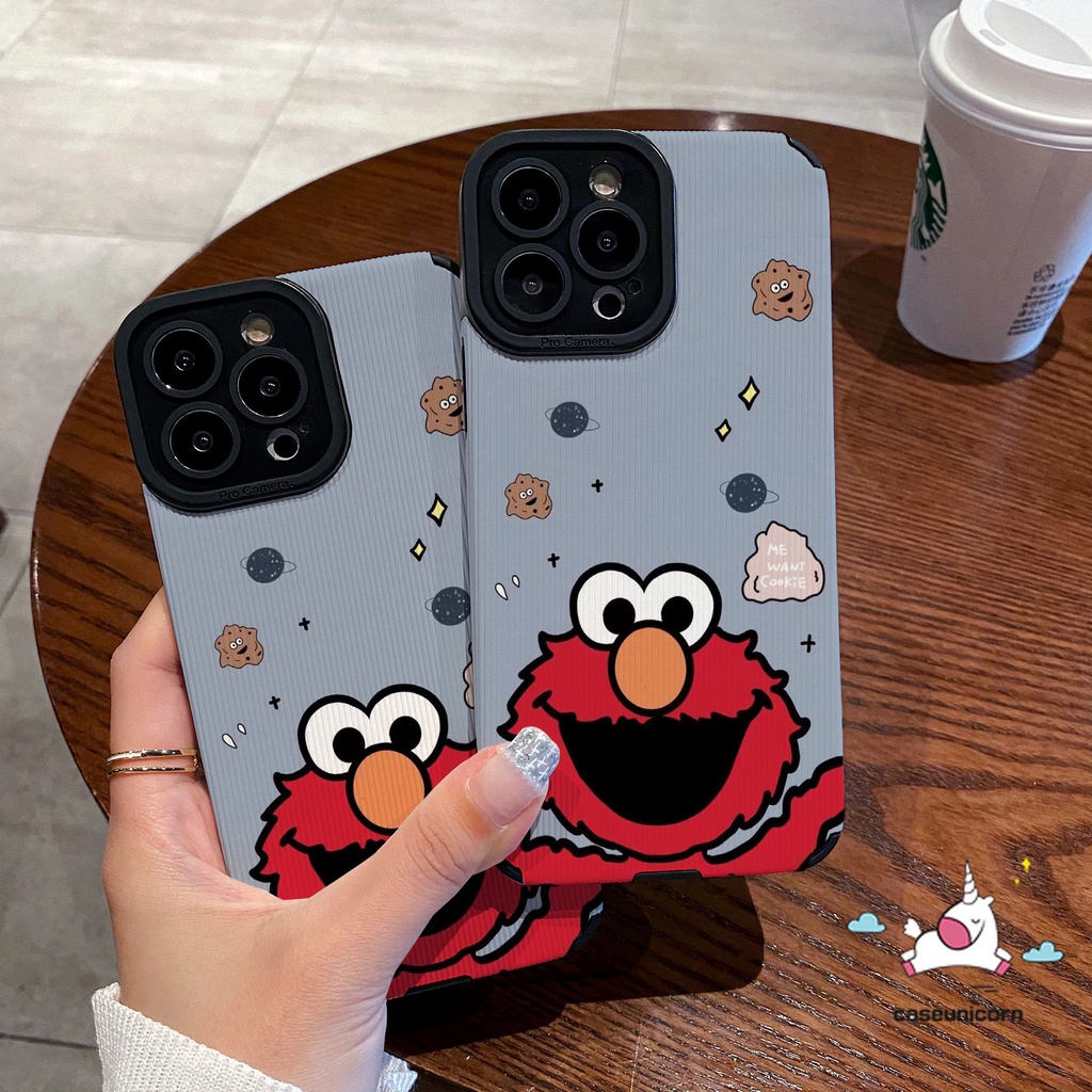 IPHONE Art Bunga Warna-Warni Kartun Sesame Street Elmo Case Kompatibel Untuk Iphone7 8 Plus11 13 12 XR 14 Pro MAX X XS MAX Cute Strawberry Bear Manyo Tekstur Kulit Shockproof Soft Cover