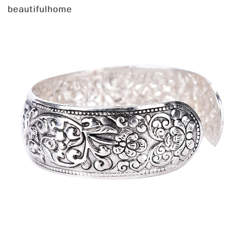 {beautifulhome} Baru Tibet Perak Totem Bangle Diukir Bunga Keberuntungan Bangle Cuff Bracelet.