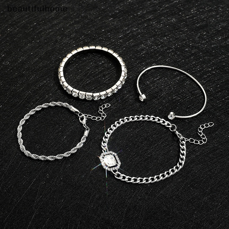 {beautifulhome} 4pcs Set Gelang Bangle Terbuka Kristal Desain Bohemian Untuk Wanita Vintage Hias Berlian Memutar Manset Rantai Aksesoris Perhiasan.