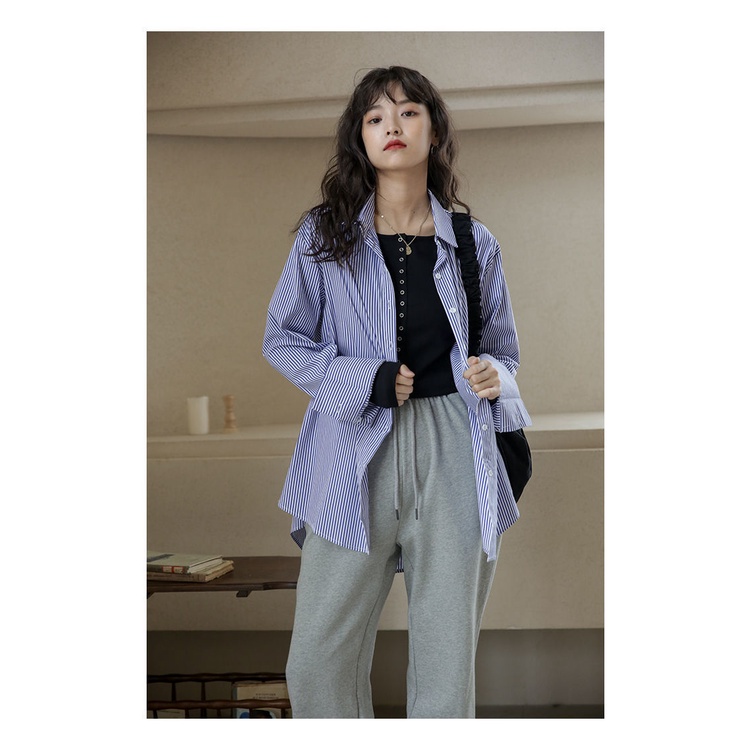 Kemeja Oversize Wanita Stripe Lengan Panjang Polo Blouse Import