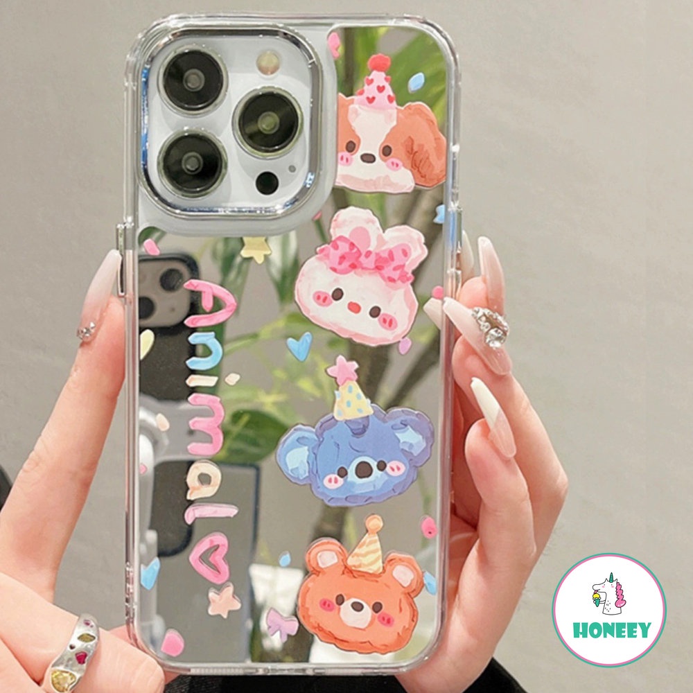 Ins Lovely Party Animals Phone Case Kompatibel Untuk iPhone 14 Pro Max13 12 Pro Max Case iPhone 11cermin Makeup Shockproof Sarung Handphone