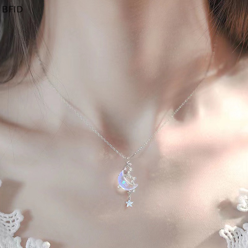 [BFID] Bintang Bulan Moonstone Titanium Steel Rantai Kalung Wanita Romantis Batu Mengkilap Liontin Kalung Pesta Pernikahan Fashion Perhiasan [ID]