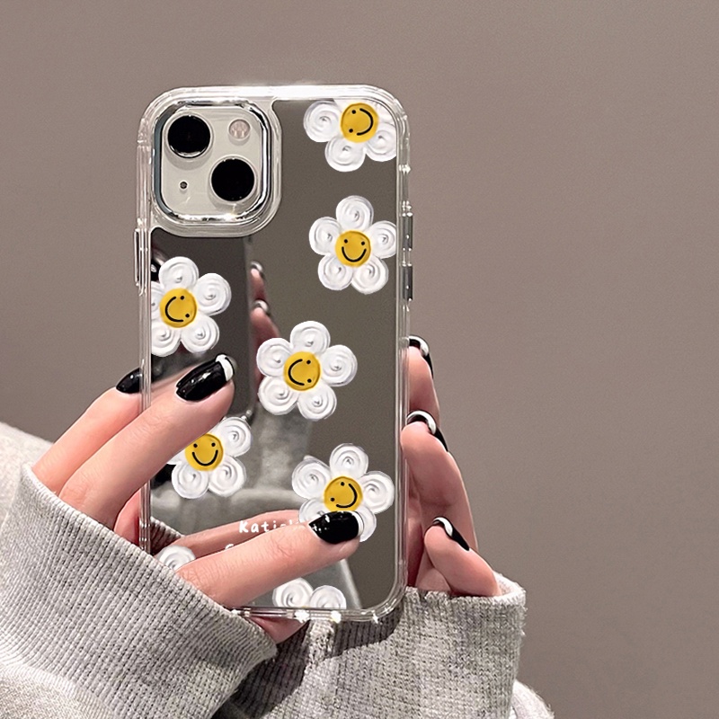 IPHONE Tulis Emoji Flower Mirror Phone Case Kompatibel Untuk Iphone11 12 13 14 12Pro 13Pro 14Pro Pro Max XR X XS Max Electroplating Tombol Perlindungan Mirror Cover