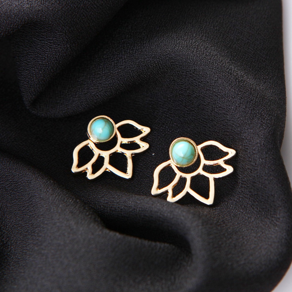 [FRA] Eropa Dan Amerika retro turquoise lotus petal Berongga Daun Anting earrings