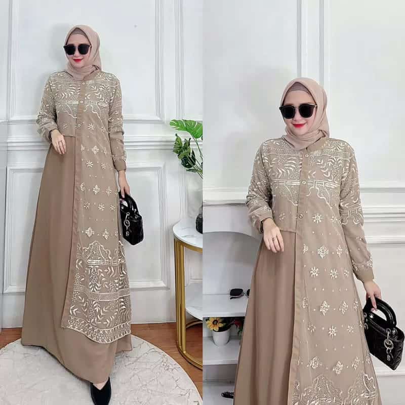 Allena Dress Maxy Matt Ceruty Babydoll Apk Brukat Full Puring Premium Fit To XL Besar l Gamis Muslim Modern