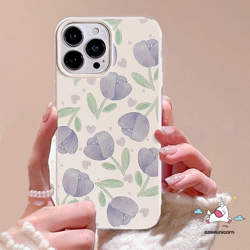 IPHONE Fashion Freshness Purple Tulip Glossy Case Kompatibel Untuk Iphone14 11 13 12 Pro Max XR 7 8 Plus X XS Max Se2020 Shockproof Simple Three Flower Camera Protection Soft Tpu Cover