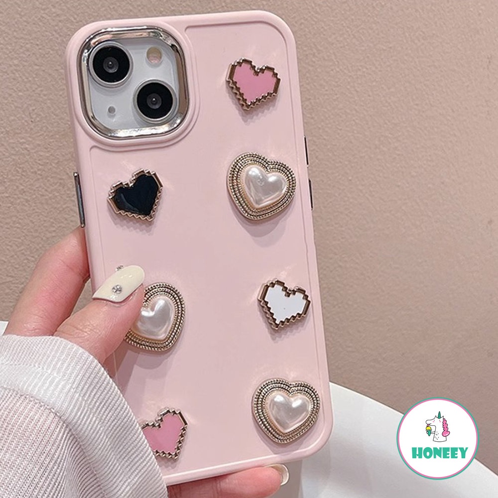 Korea Pink 3D Love Heart Pearls Phone Case Kompatibel Untuk iPhone 14 Pro Max13 12 /12pro 11 Pro Max Shockproof Pelindung Penutup Belakang