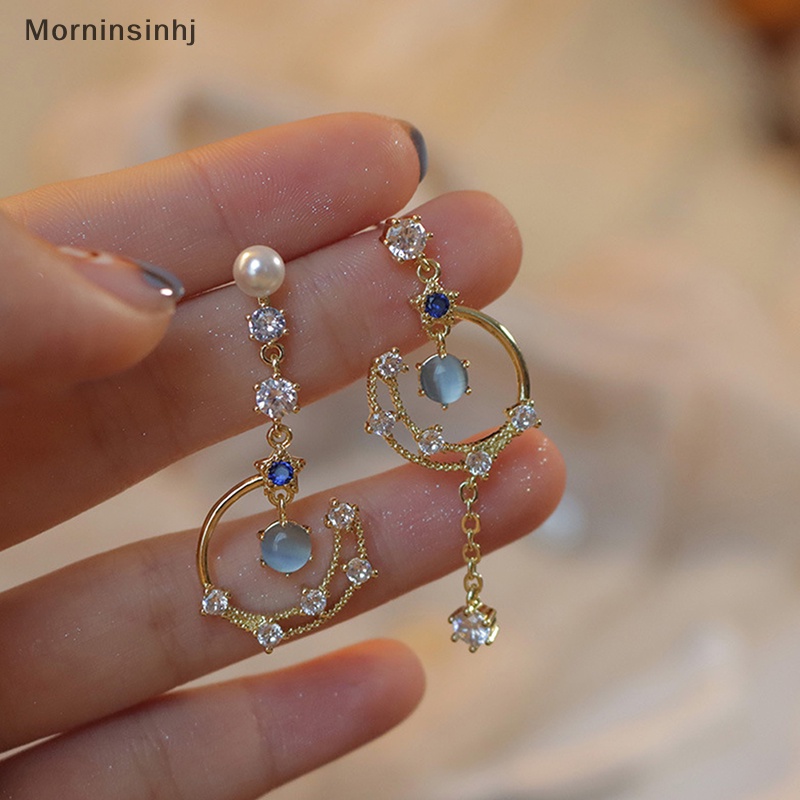 Mornin 1pasang Indah Mutiara Bulan Asimetris Drop Earrings Fashion Biru Kristal Liontin Anting Gadis Lucu Pesta Pernikahan Perhiasan id