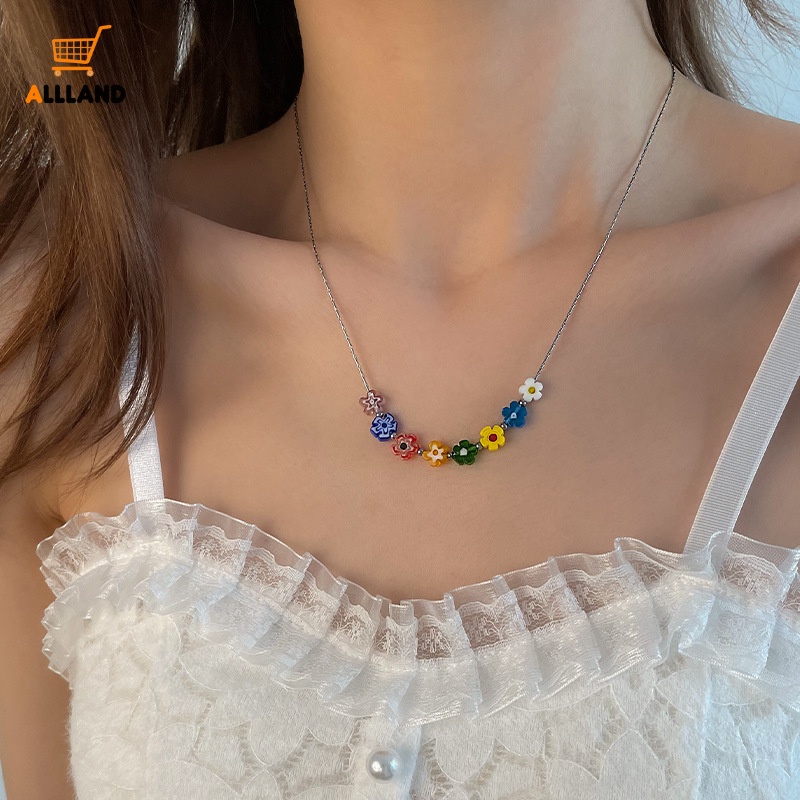 Kalung Manik-Manik Bunga Mengkilap Warna-Warni Elegan/ Y2K Kalung Choker Alloy Lucu/ Aksesoris Perhiasan Kalung Klavikula Sederhana