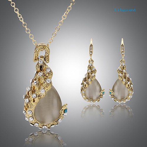 [LS] Berlian Imitasi Wanita Opal Tetesan Air Liontin Kalung Anting Pernikahan Perhiasan Set