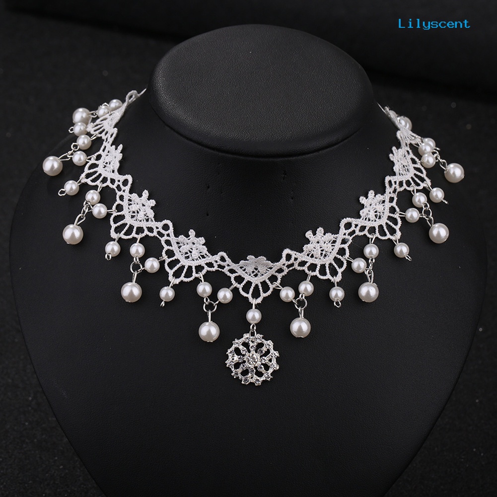 [LS]Wanita Mutiara Imitasi Cubic Zirconia Hias Liontin Renda Choker Kalung Hiasan Kepala