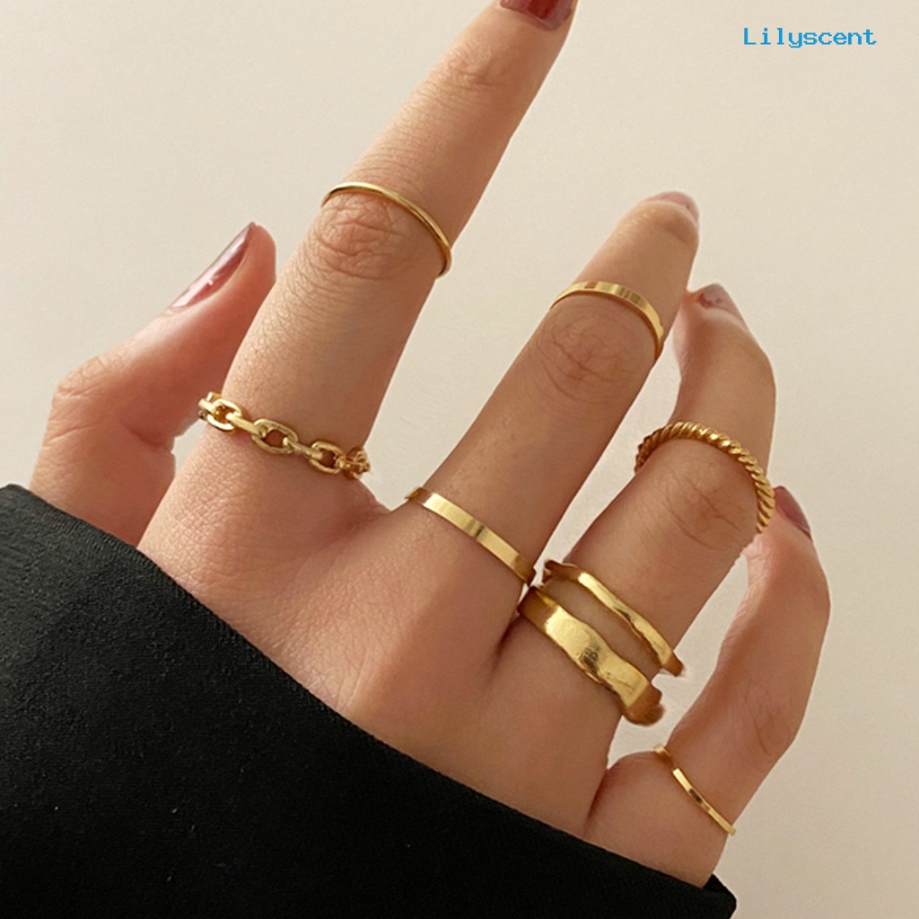 [LS]7 Pcs /Set Cincin Jari Lady Indah Rantai Sederhana Set Cincin Buku Jari Halus Untuk Hadiah