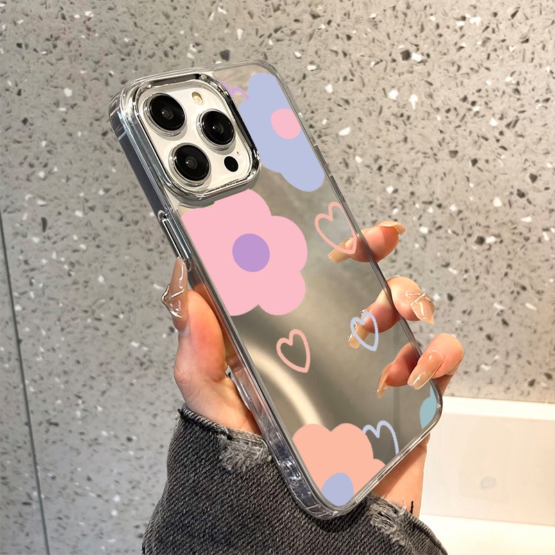 IPHONE Casing Ponsel Cermin Bunga Pink Biru Kompatibel Untuk Iphone11 12 13 14 12Pro 13Pro 14Pro Pro Max XR X XS Max Electroplating Tombol Perlindungan Mirror Cover