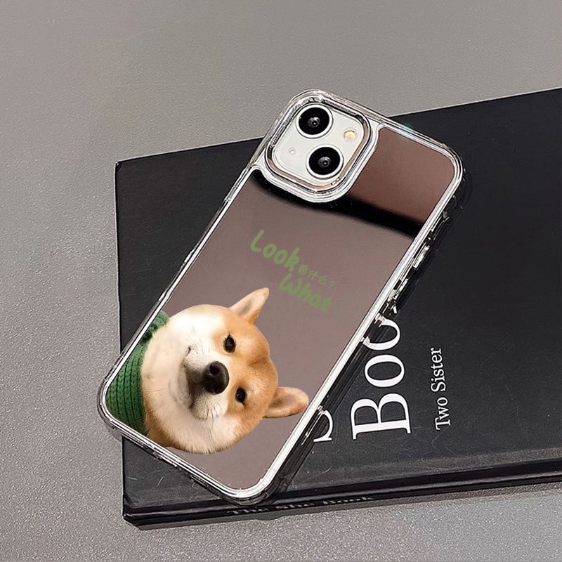 IPHONE Casing Ponsel Cermin Anjing Lucu Kompatibel Untuk Iphone11 12 13 14 12Pro 13Pro 14Pro Pro Max XR X XS Max Electroplating Tombol Perlindungan Mirror Cover