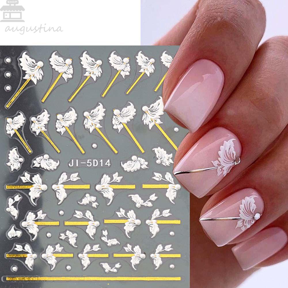 AUGUSTINA Agustina Bunga Stiker Kuku Wanita 5D Relief Alfabet Inggris Daun Self Adhesive Nail Art Dekorasi