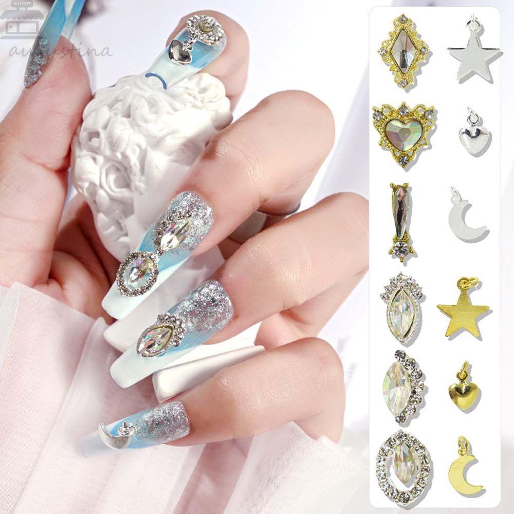 AUGUSTINA Agustina Nail Art Rhinestones Wanita Warna Emas Perak Cinta Hati Manikur Aksesoris Bor Kuku 3D Perhiasan Kuku