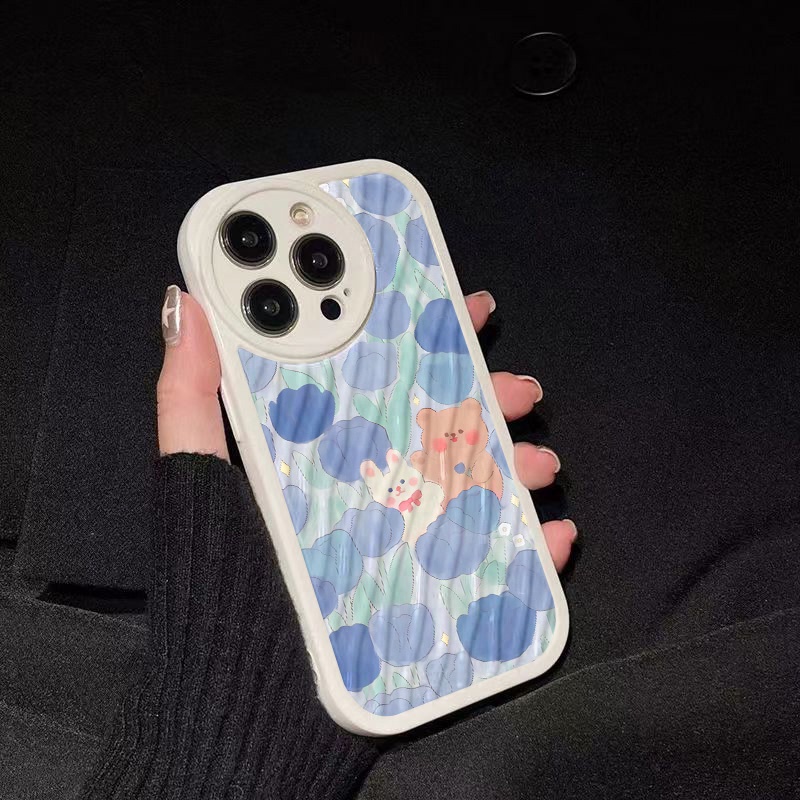 IPHONE Benny Bear Dengan Bunga Biru Casing Ponsel Riak Air Kompatibel Untuk Iphone11 13 12 14 Pro MAX 14 Plus XR X XS MAX 7Plus 8Plus 7 8 SE 2020 2022 Shockproof Cover