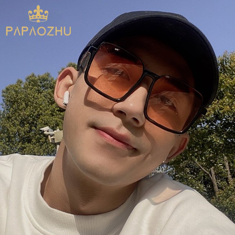 Papaozhu Keren Oversized Semi Rimless Brown Lens Sunglasses Untuk Pria Wanita Outdoor Sunnies Eyewear Big Square Eyeglasses Trendy Men Shades for Driving Photographing