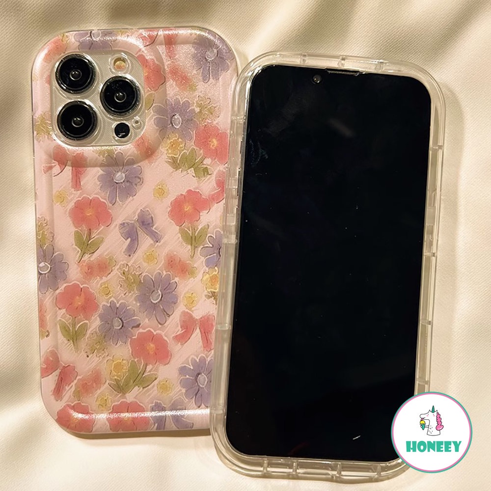 IPHONE French Pink Floral Sweet Flowers Casing Ponsel Untuk Iphone14 13 11 12 Pro Max13 14 Pro Cute Tie Bow Silikon Lembut Shockproof Cover