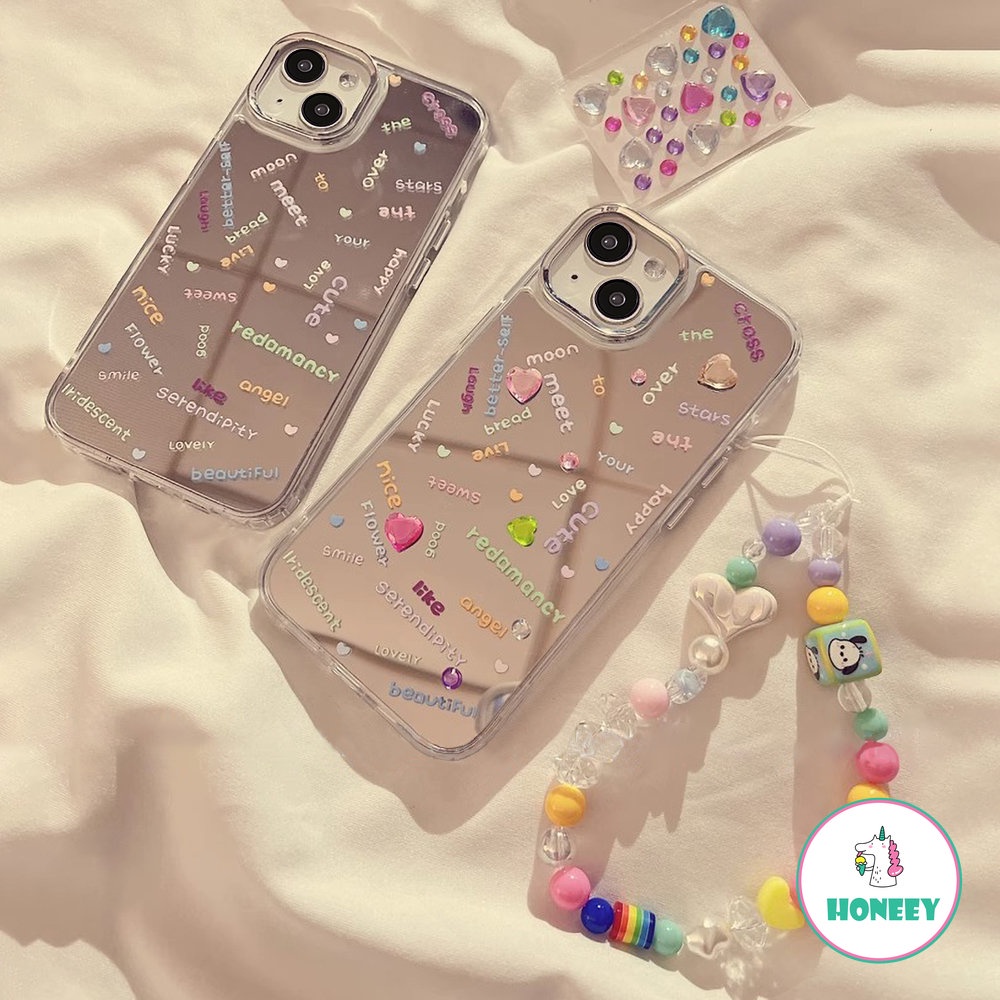 IPHONE Casing Ponsel Cermin Rias Bahasa Inggris Warna-Warni Kompatibel Untuk Iphone14 Pro Max13 12/12pro Case Iphone11Stiker Berlian Mengkilap Penutup Belakang