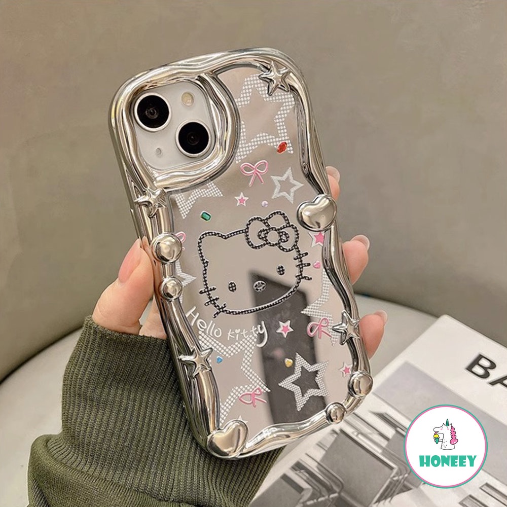 Fashion Kartun Kitty Berlapis Perak Cermin Ponsel Case Kompatibel Untuk iPhone 14 Pro 12 13 11 Pro Max XR XS Bintang Graffiti Anti-Shock Ponsel Cover