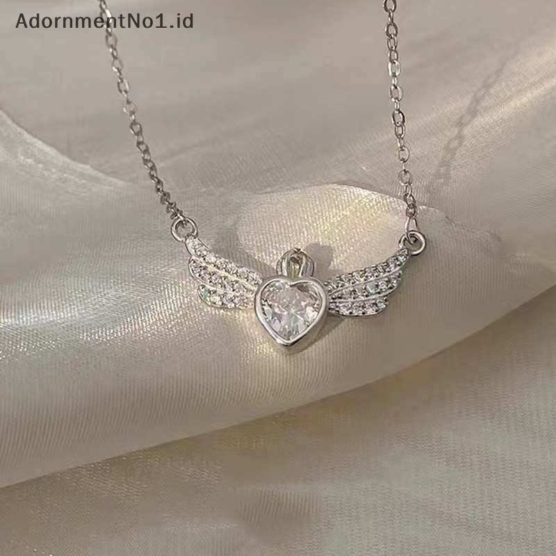 [AdornmentNo1] Gaya korea Fashion kristal hati sayap liontin kalung warna perak mahkota rantai klavikula untuk wanita pernikahan perhiasan Aesthetic