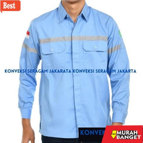 Seragam wanita terbaru- STA053 Baju Kemeja Safety K3 Lengan Panjang - Seragam Kerja Atasan Wearpack Werpack Werpak Proyek Tambang Warna Biru Telur Asin Muda Langit  Pria Wanita - Konveksi Seragam Jakarta +++