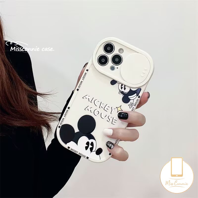 Cartoon Disney Push Pull Window Phone Case Compatible for iPhone 11 13 12 Pro Max XR 7Plus 8Plus X XS Max Cute Mickey Mouse Camera Lens Protector Soft Cover