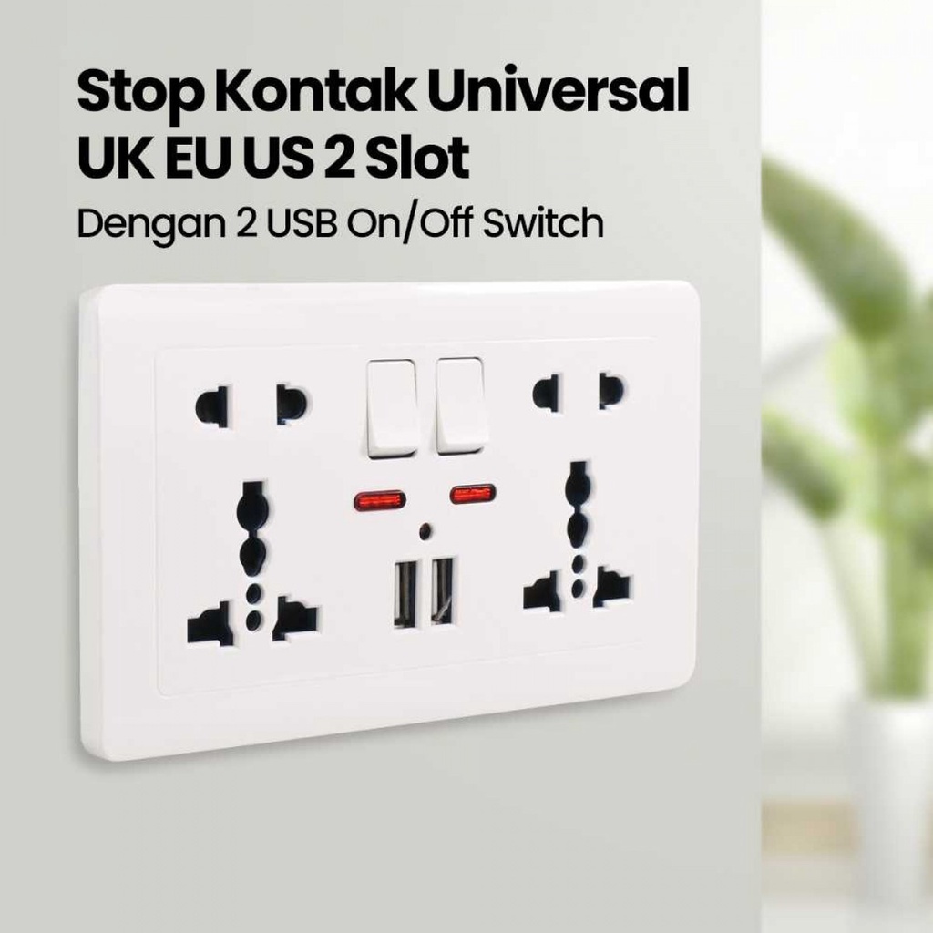 Stop Kontak Dinding Universal UK EU US 2 Slot with 2 USB On Off Switch