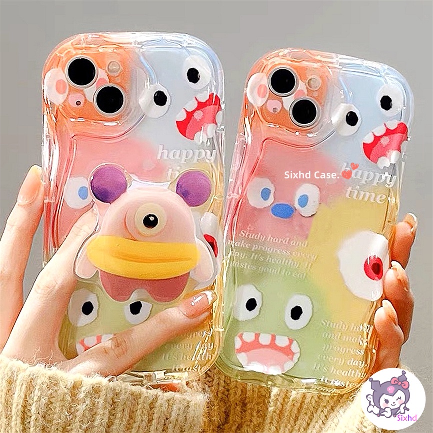For Redmi 12 12C 10C 10A 9C 9T Note 12 11 12s 11s 10s 9s 12Pro A2 A1 10 9A 9 Xiaomi 12 Lite 11 Lite Poco M3 X5 X3Pro NFC 3D Curved Edge Wave Glossy Cute Cartoon Monster Phone Case+Holder Soft Cover