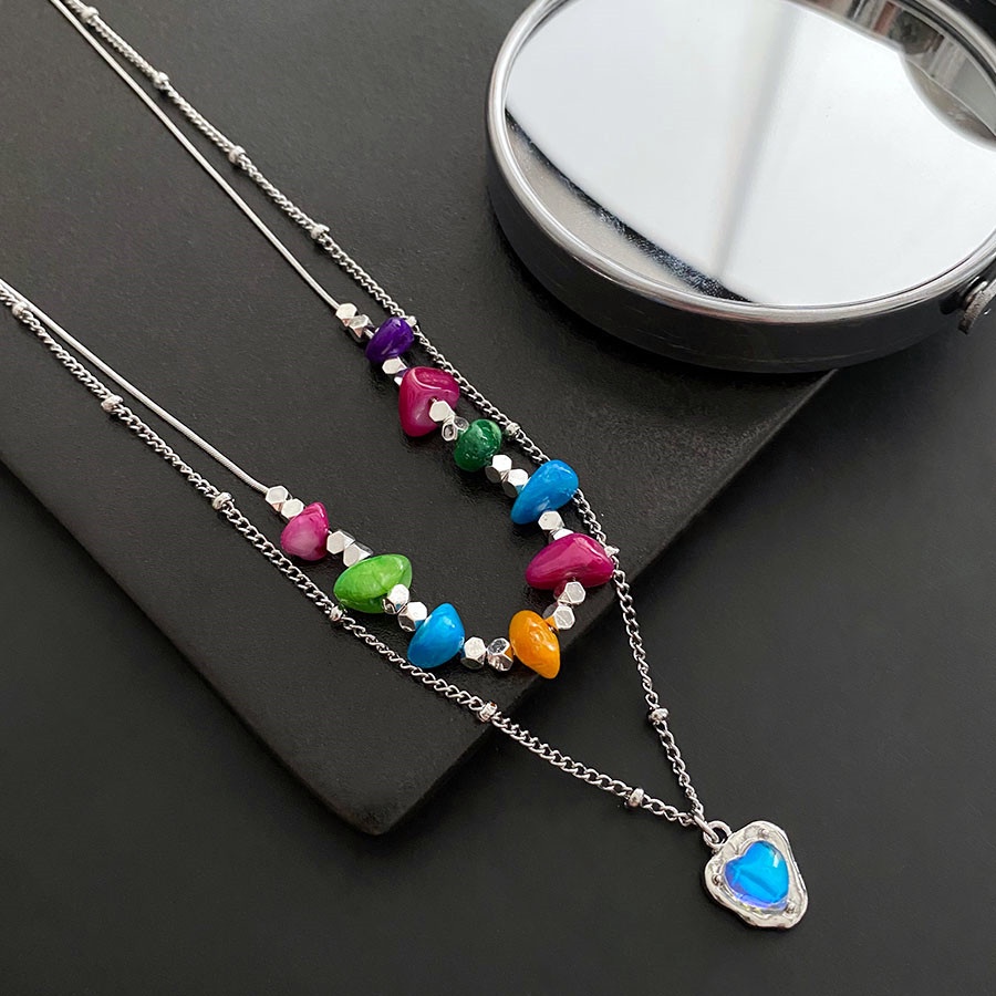 Seven Colored Stone Love Pendant Double Necklace Aksesoris Cahaya Mewah Fashion Temperamen Rantai Klavikula