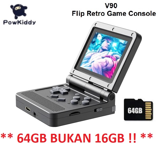 AKN88 -POWKIDDY V90 - Retro Flip Handheld Console 64GB - Game Nostalgia Jadul