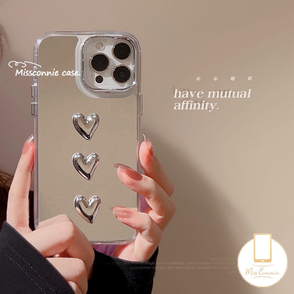 IPHONE Casing 3D Stereo Silver Love Heart Make Up Mirror Metal Akrilik Kompatibel Untuk Iphone11 14 Pro Max 13 14 12 Pro Max 14 Pro 12pro 13 Pro 14 11 12 13 Plating Mewah Shockproof Cover