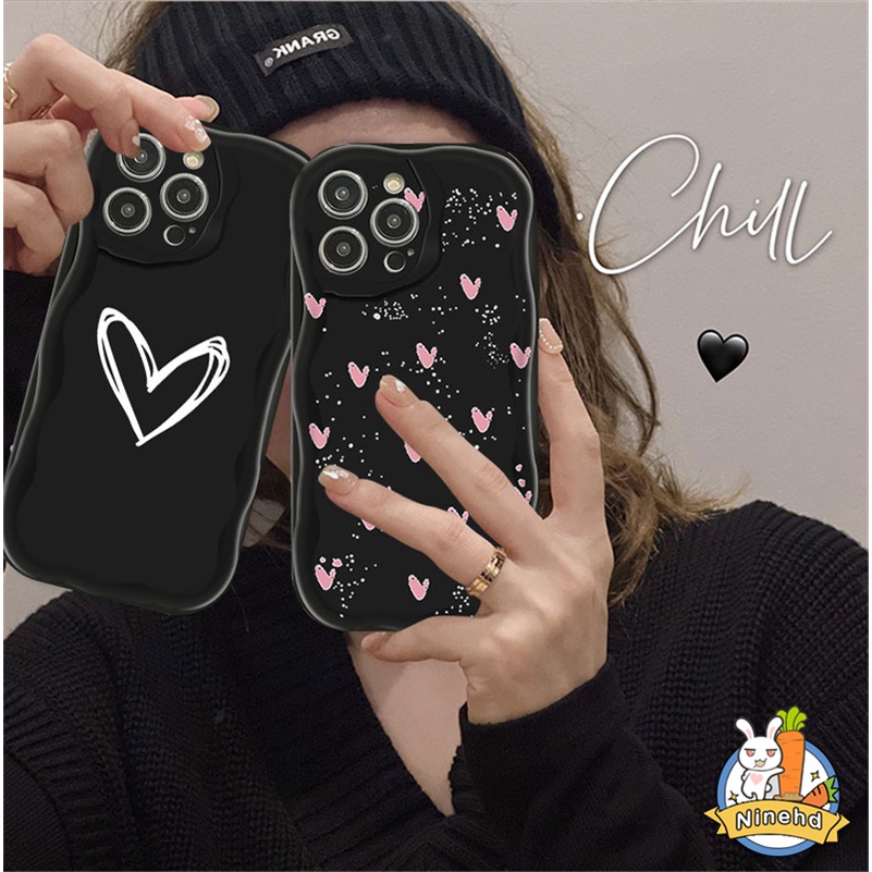 IPHONE Fashion Retro Pink Hati Cinta Casing Ponsel Layar Penuh Kompatibel Untuk Iphone14 13 12 11 Pro Max X Xr Xs Max8 7 6 6s Plus SE 2020 3D Wavy Edge Bumper Shockproof Tpu Hitam Penutup Belakang