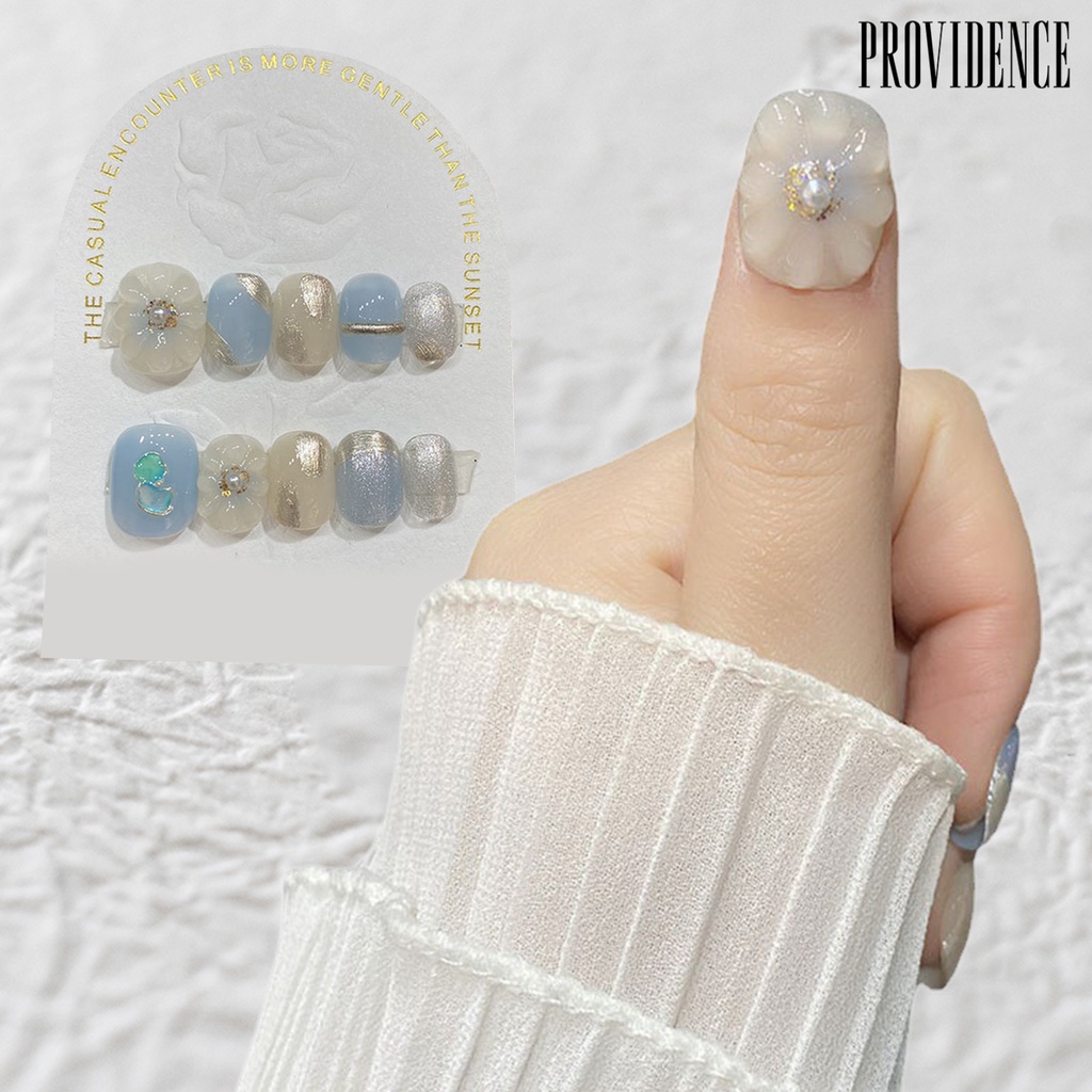 Providence 1set Press-On Kuku Lucu Bunga Kuku Palsu Penutup Penuh Buatan French Tip Wearable Kuku Palsu Dengan Desain Bling DIY Perlengkapan Nail Art