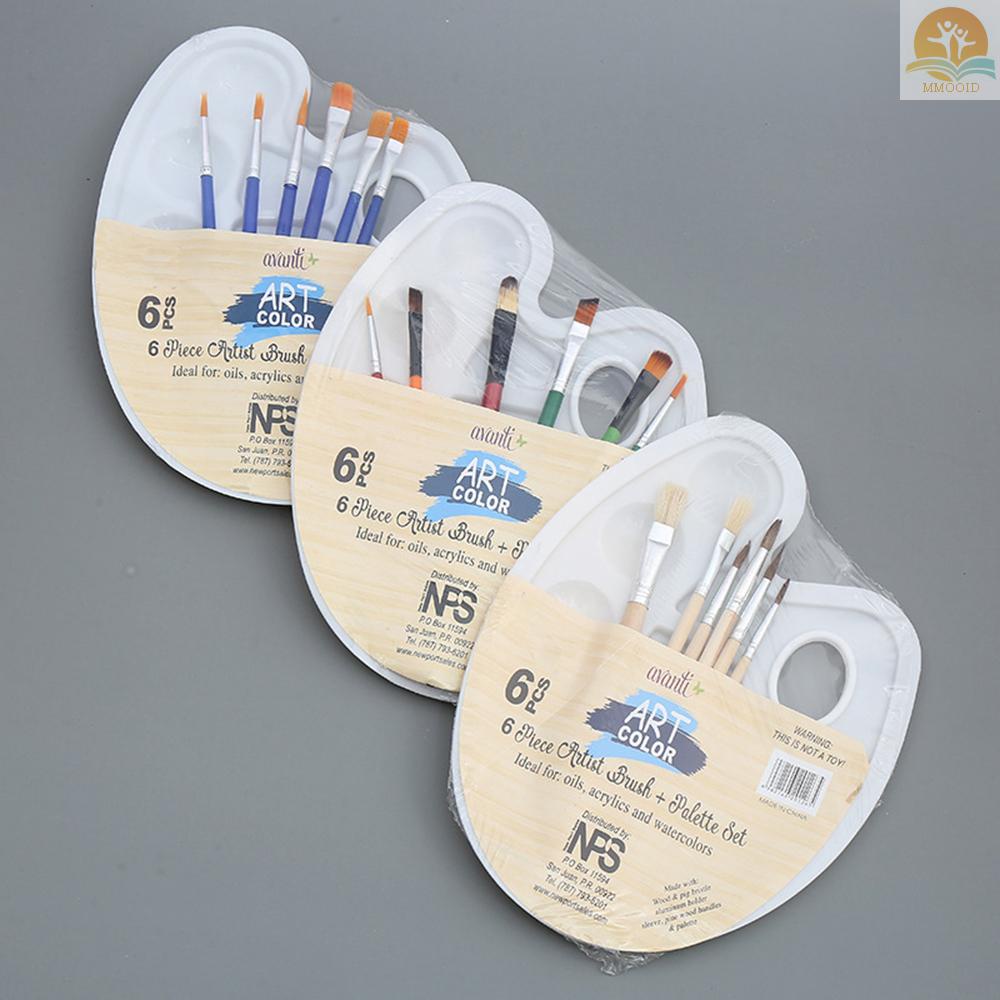 In Stock 6pcs Kuas Cat Dan 1pc Palette Tray Set Untuk Anak Dewasa Cat Air Minyak Acrylic Gouache Art Painting Supplies