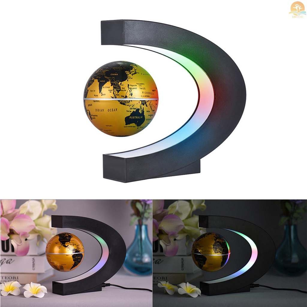 In Stock Globe Peta Dunia Apung Magnetik Berbentuk C 3inci Dengan Lampu Warna LED Untuk Dekorasi Rumah Kantor Mengajar Demo Emas, Plug Uni Eropa