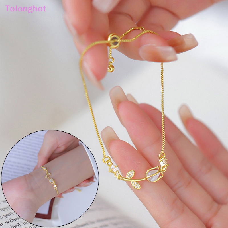 Tolonghot&gt; Korea Cahaya Gelang Bunga Tulip Untuk Wanita Zirkon Mengkilap Opal Mutiara Manik-Manik Mawar Adjustable Pesona Gelang Perhiasan Trendi well