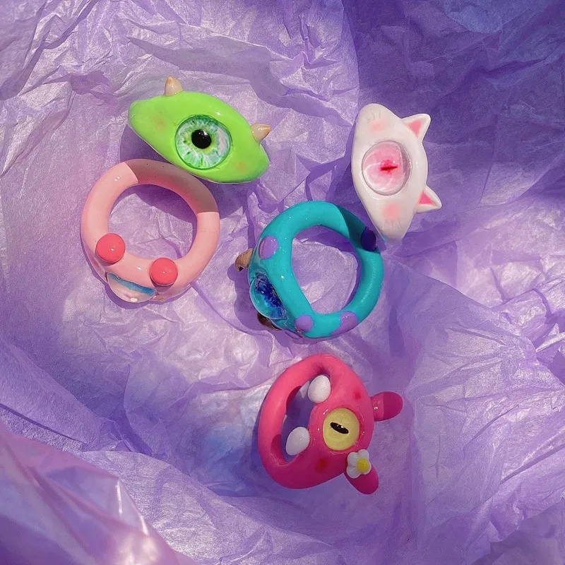 Mata Kucing Terbuka Yang Dapat Disesuaikan Lucu Mata Besar Perhiasan Fashion Hadiah Yang Indah Sederhana Cincin Jari Pernikahan Pasangan Rings Evil Eye Wanita Pria Y2K Kartun Pesta Rings Monster