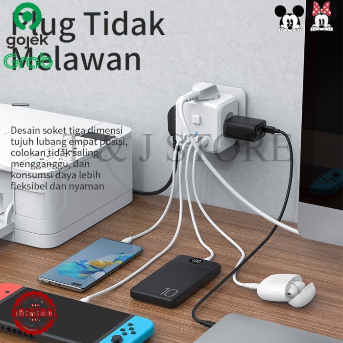 7 in 1 Stop Kontak Multifungsi Soket Nirkabel 3*Stopkontak+3*USB+TipeC