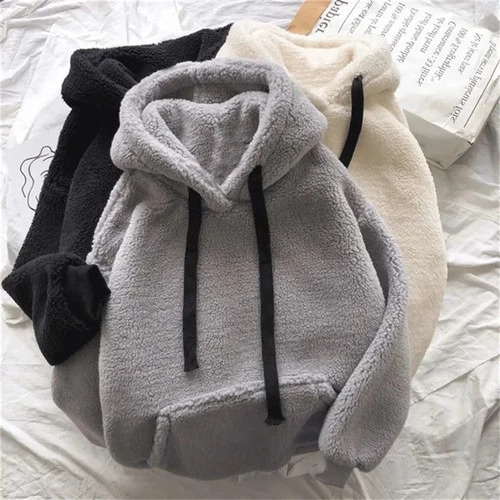 Jaket Hoodie Bulu Pria Polos / Jaket Sherpa Bulu Domba Polos Musim dingin Unisex Pria Wanita