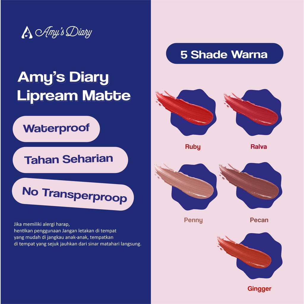 NUZ [BPOM] AMY'S DIARY Lipcream Lip Glaze Velvet Smooth Matte Waterproof 5 Warna-3