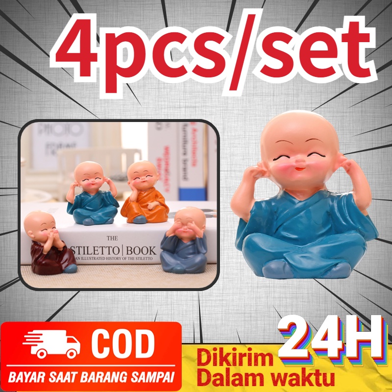 Pajangan Dashboard Mobil/Dekorasi Interior Mobil 4 Biksu Lucu Unik Mini/Pajangan Shaolin Duduk Mini 