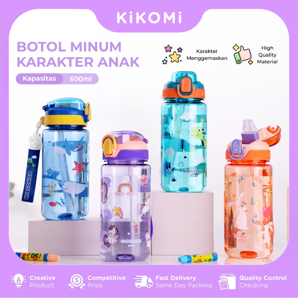 Botol Minum Anak Karakter Animal Lucu Kapasitas 600ml BPA Free Lengkap Tali & Sedotan - KK
