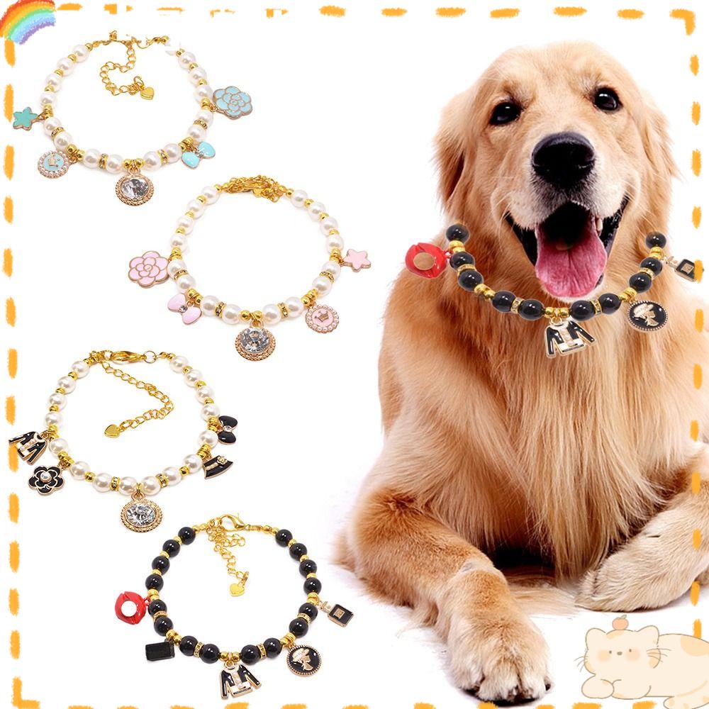 Solighter Pet Mutiara Kerah Fashion Kucing Perlengkapan Adjustable Puppy Aksesoris Busur Anjing Bell