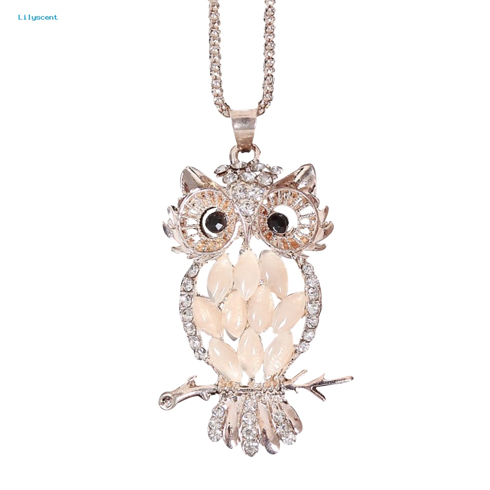 Lilyscent Elegan Wanita Berlian Imitasi Imitasi Opal Inlay Owl Pendant Kalung Pesta Perhiasan