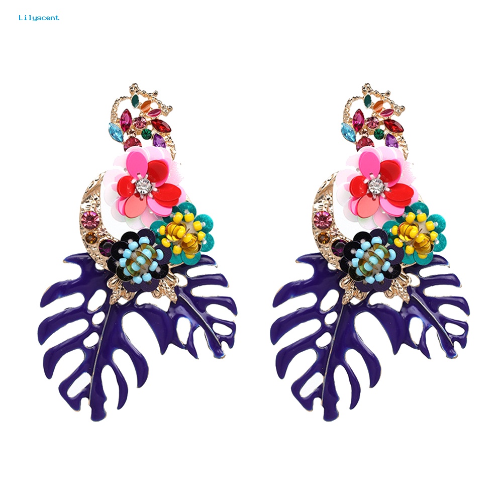 Lilyscent Vintage Wanita Daun Bunga Warna-Warni Sequin Beads Berlian Imitasi Statement Earrings