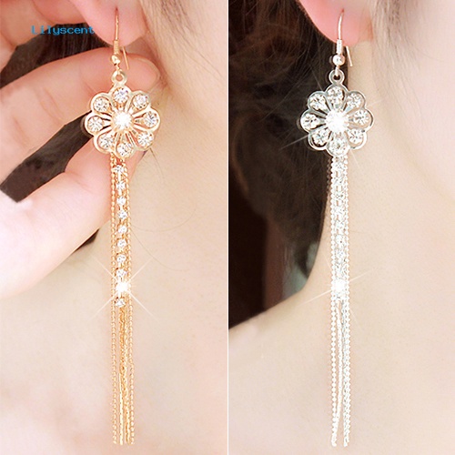 Lilyscent Wanita Pernikahan Linear Anting Bunga Mempesona Berlian Imitasi Rumbai Menjuntai Ear Hook