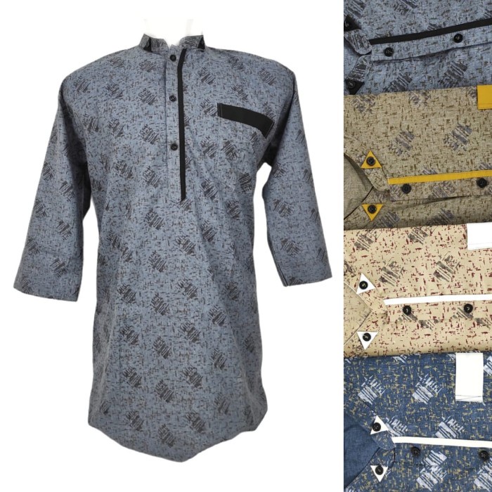 Baju Koko Kurta Pria Dewasa Motif Pola Biru Krem Coklat Cokelat Modern - M, Cokelat