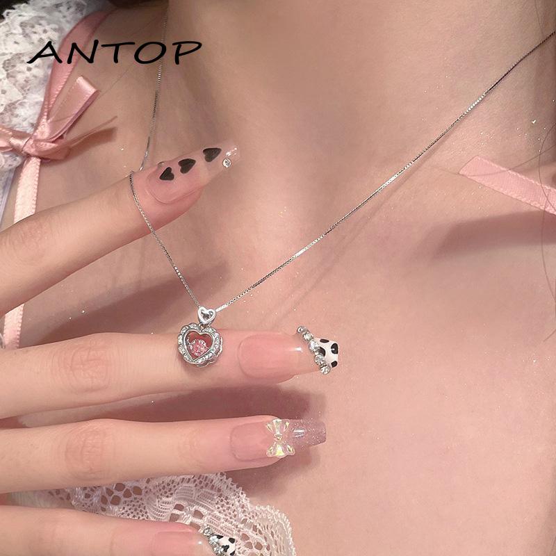 [Antop] Kalung Rantai Klavikula Liontin Mutiara Cinta Berlian Warna Pink Jahitan Wanita Desain Niche Manis Keren Ringan Mewah Rantai